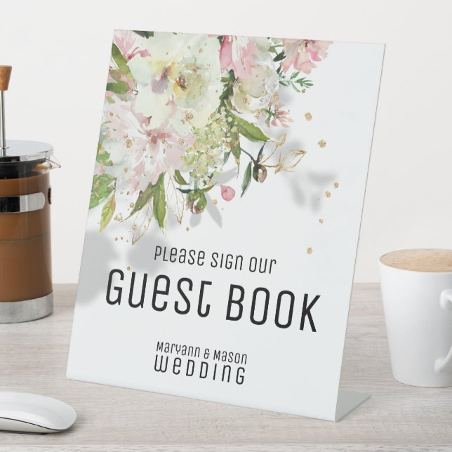 Sparkling Blush & White Guest Book Pedestal Sign (In SItu)