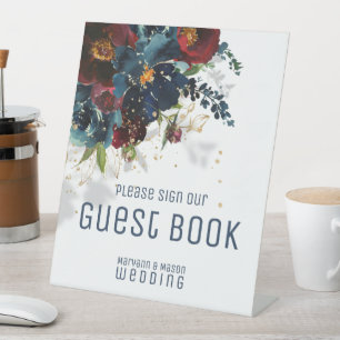 Sparkling Burgundy Navy Guest Book Pedestal Sign