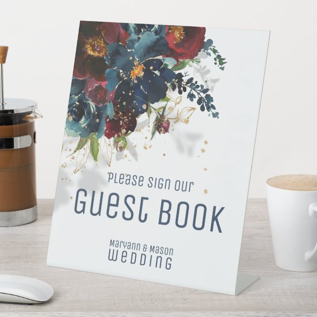 Sparkling Burgundy Navy Guest Book Pedestal Sign (In SItu)