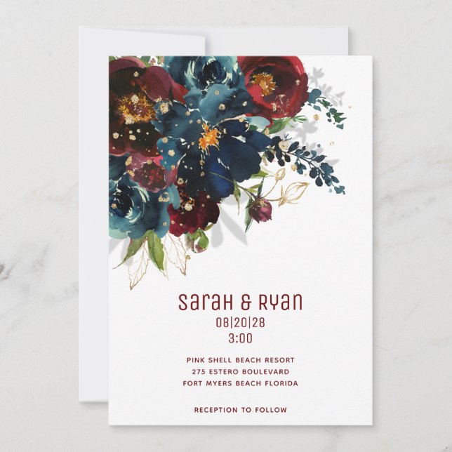 Sparkling Burgundy Navy Wedding Invitation (Front)