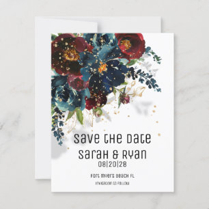 Sparkling Burgundy Navy Wedding Save The Date Announcement