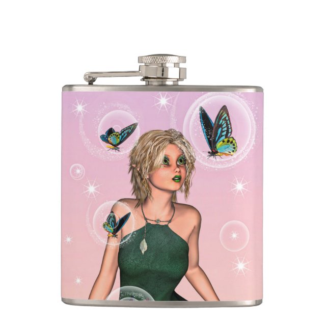 Sparkling Butterfly Fairy Fantasy Art Hip Flask (Front)