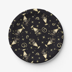 Sparkling Celebration Gold & Black Cocktails&Stars Paper Plate