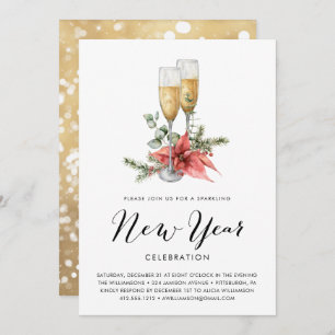 Sparkling Champagne and Greenery New Years  Party Invitation