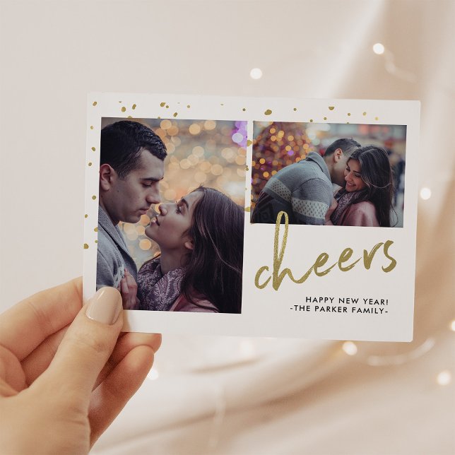 Sparkling Cheer | Happy New Year Two Photo Holiday Card (Creator Uploaded)