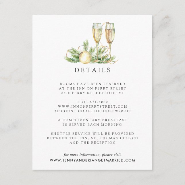 Sparkling Cheer | Winter Greenery Wedding Details Enclosure Card (Front)