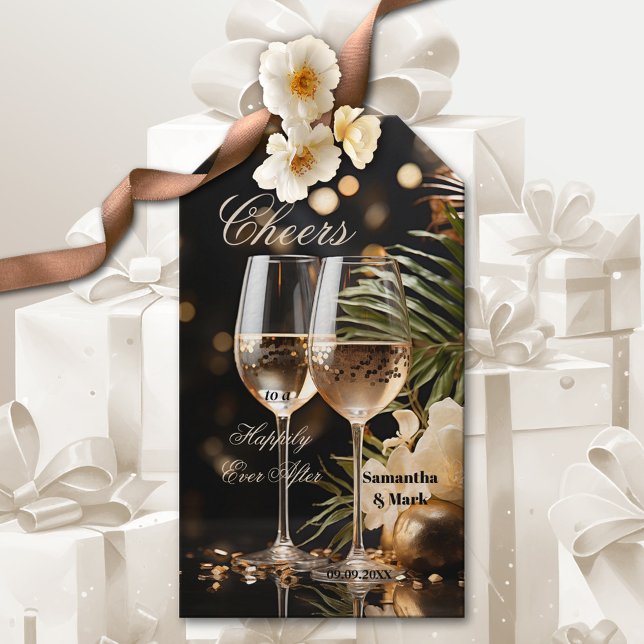 Sparkling Cheers Festive Wedding Gift Tag (Elegant wedding gift tag featuring festive drinks with sparkling lights and flowers - newly weds)