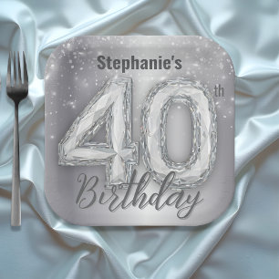 Sparkling Chic Silver G am Gemstone 40th Birthday Paper Plate