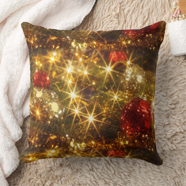 Sparkling Christmas Lights Red and Gold Pillow (Blanket)