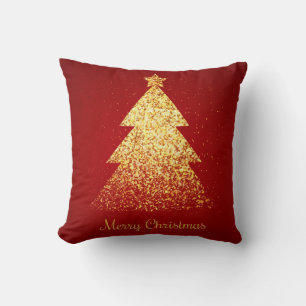 Sparkling Christmas Tree Golden Red Cushion