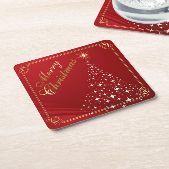 Sparkling Christmas Tree on Red Square Paper Coaster (Angled)