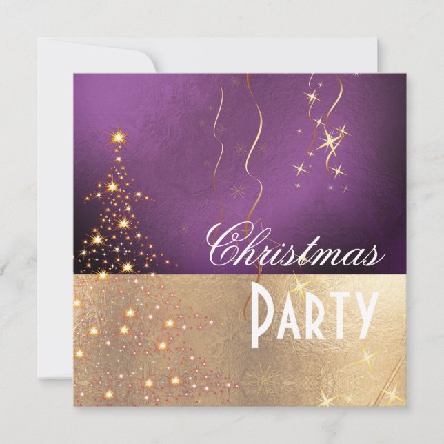 Sparkling Christmas Tree Plum Gold Trim Invitation (Front)