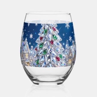 Sparkling Crystal Christmas Tree Winter Village  Stemless Wine Glass