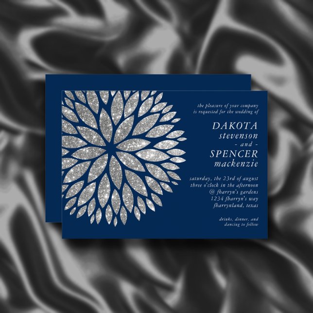 Sparkling Dahlia | Navy Blue Silver Grey Wedding Invitation (Creator Uploaded)