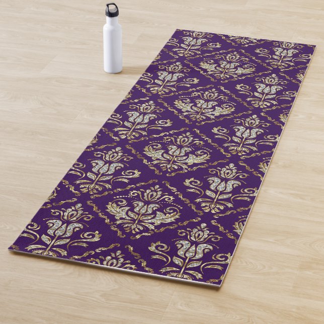Sparkling damask pattern on purple yoga mat (In Situ)