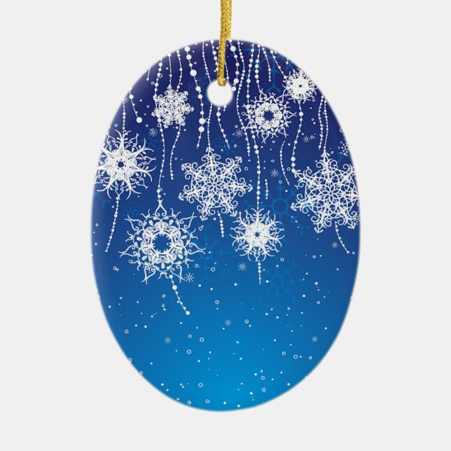 Sparkling Dangling Snowflakes on Blue Ceramic Tree Decoration (Front)