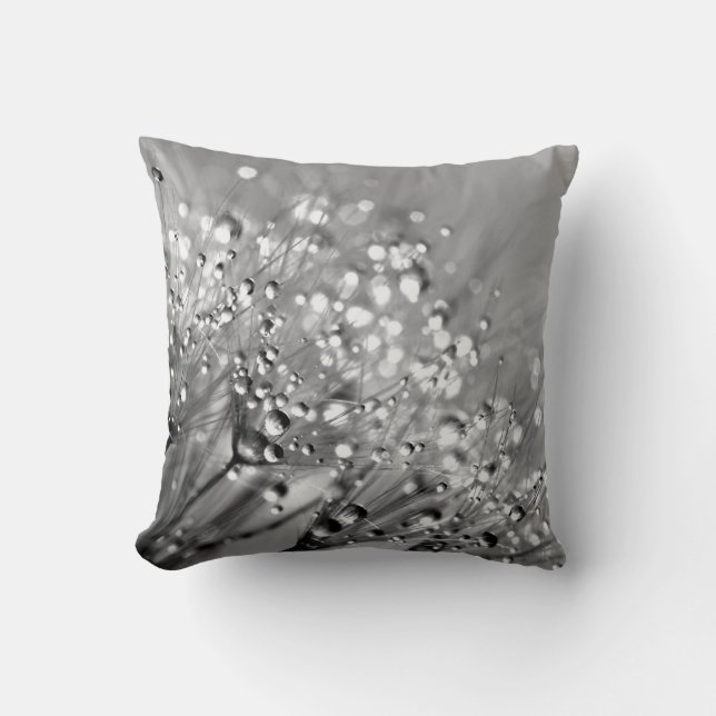 Sparkling Dew Silver Grey Background Dandelion Cushion (Front)