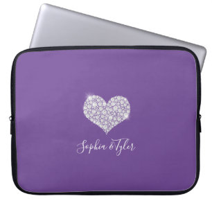 Sparkling Diamond Heart White Script Names, Purple Laptop Sleeve