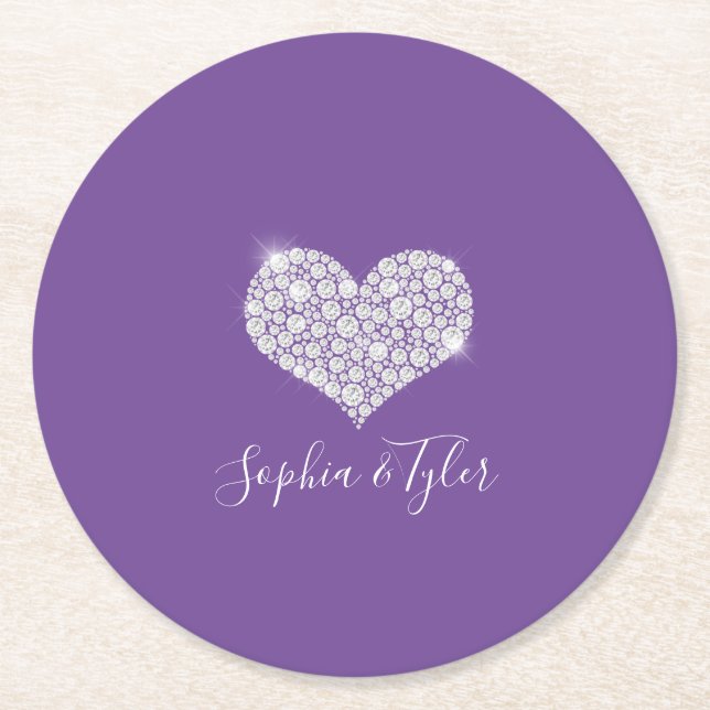 Sparkling Diamond Heart White Script Names, Purple Round Paper Coaster (Front)