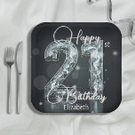 Sparkling Diamond Number on Black 21st Birthday Paper Plate<br><div class="desc">This sleek 21st birthday paper plate features a bold, shimmering “21” with a diamond-like texture, set against a rich, dark background for a touch of elegance. The graceful “Happy Birthday” script enhances the festive feel, while the name section is fully customisable—making it a unique and personal addition to any celebration....</div>