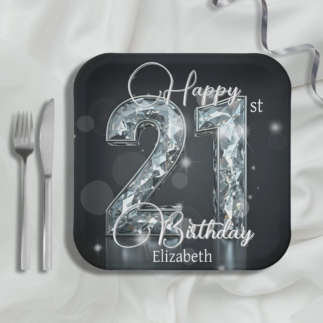 Sparkling Diamond Number on Black 21st Birthday Paper Plate (Creator Uploaded)