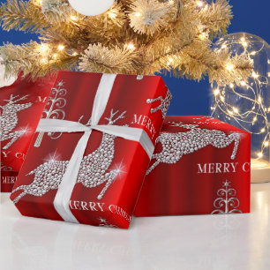 Sparkling Diamond Reindeer Red Christmas Wrapping Paper