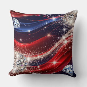 Sparkling Diamonds and Glittering Red Blue Waves Cushion