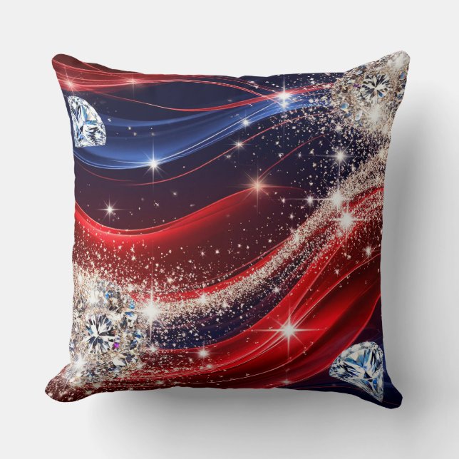Sparkling Diamonds and Glittering Red Blue Waves Cushion (Front)