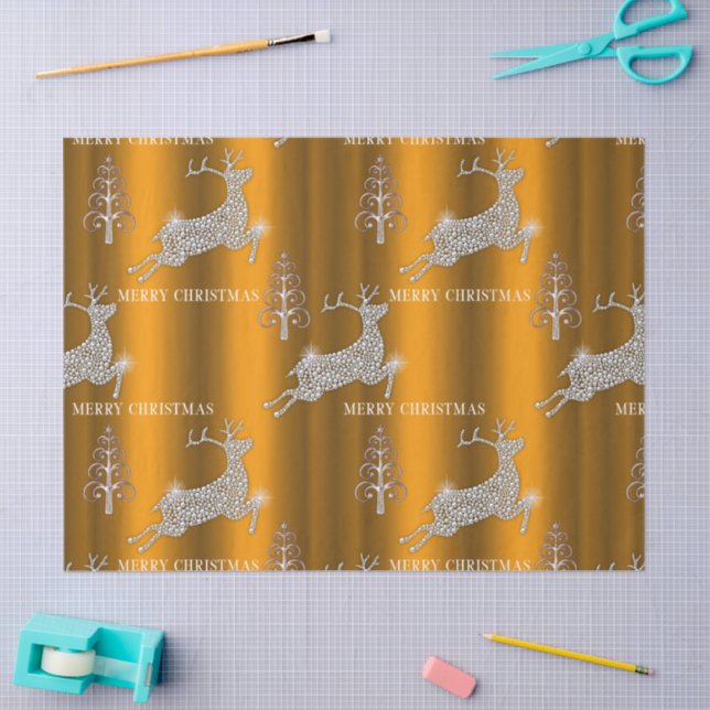 Sparkling Diamonds Reindeer on Gold Christmas Tissue Paper (Craft)