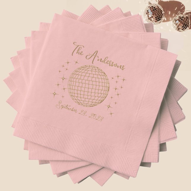 Sparkling Disco Ball Personalised Wedding Foil Napkins (Custom pink and gold foil disco ball wedding napkin. Personalized with your name and wedding date.)