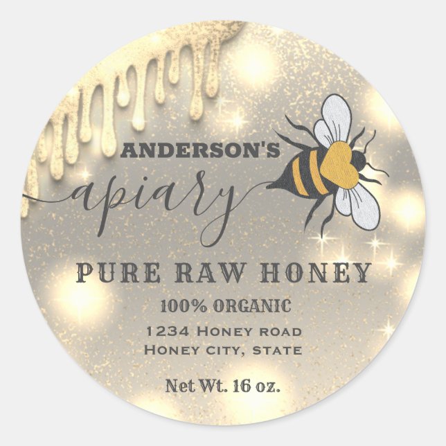 Sparkling drips Bee script apiary honey jar label (Front)