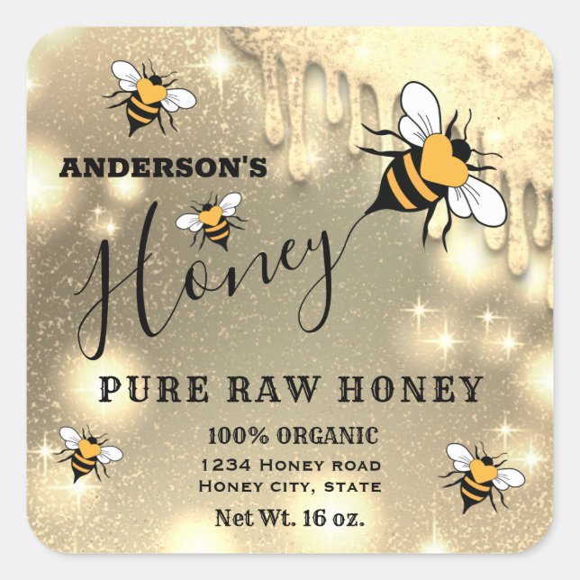 Sparkling drips Bee script honey jar label (Front)