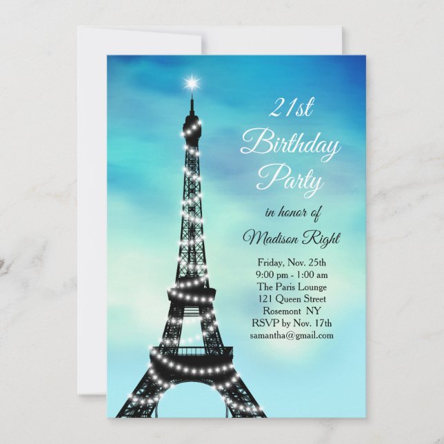 Sparkling Eiffel Tower 21st Birthday turquoise Invitation (Front)