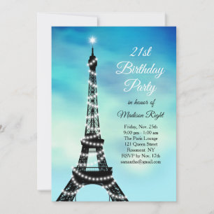 Sparkling Eiffel Tower 21st Birthday turquoise Invitation