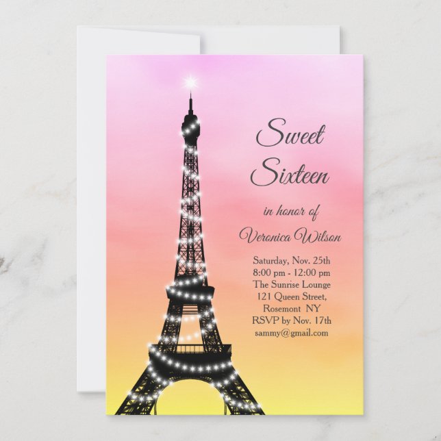 Sparkling Eiffel Tower Sweet Sixteen pink / coral Invitation (Front)