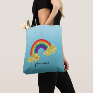 sparkling faux gold glitter cloud with rainbow tote bag