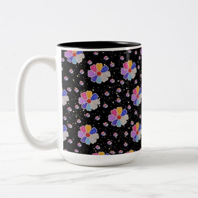 Sparkling Floral Jewel Pattern Two-Tone Coffee Mug (Left)