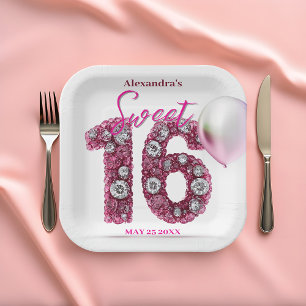 Sparkling Glam Chic Pink & White Gemstone Sweet 16 Paper Plate