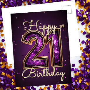 Sparkling Glam Purple and Gold 21st Birthday Postcard