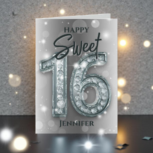 Sparkling Glamorous Silver and Diamond Sweet 16 Card