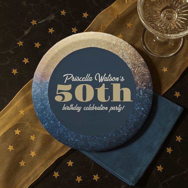 Sparkling Glitter Blue and Gold Birthday Party Paper Plate (Sparkling Glitter Blue and Gold Birthday Party Paper Plates)