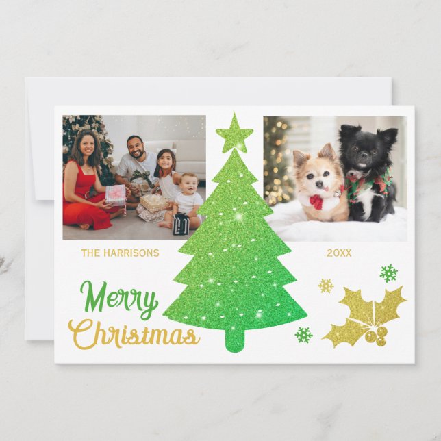 Sparkling Glitter Christmas Tree Two Photos  Holiday Card (Front)