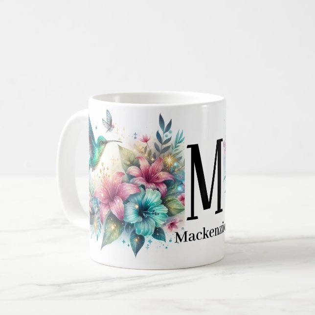Sparkling Glitter Elegant Hummingbird Monogram Coffee Mug (Front Left)
