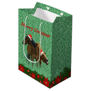 Sparkling Glitter Horses with Santa Hat Christmas  Medium Gift Bag
