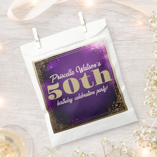 Sparkling Glitter Purple and Gold Birthday Party Favour Bag (Clipped)