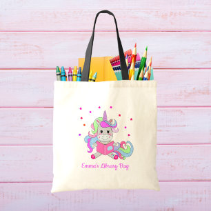 Sparkling Glitter Unicorn Reading Her Book Name Tote Bag