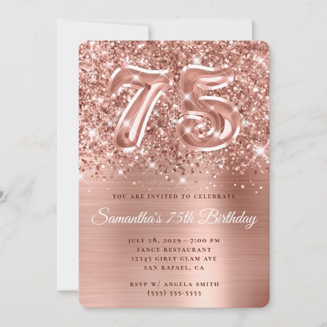 Sparkling Glittery Rose Gold Glam 75th Birthday Invitation (Front)