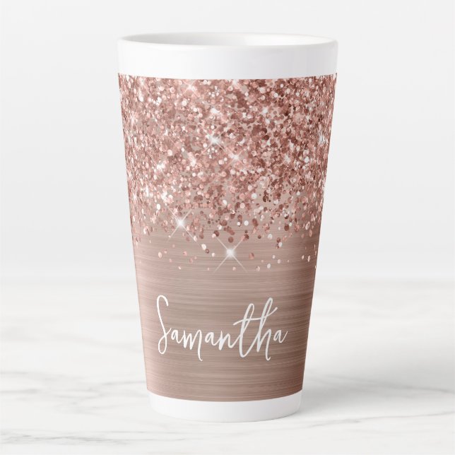 Sparkling Glittery Rose Gold Glam Name Latte Mug (Front)