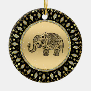 Sparkling gold frame black floral elephant ceramic ornament