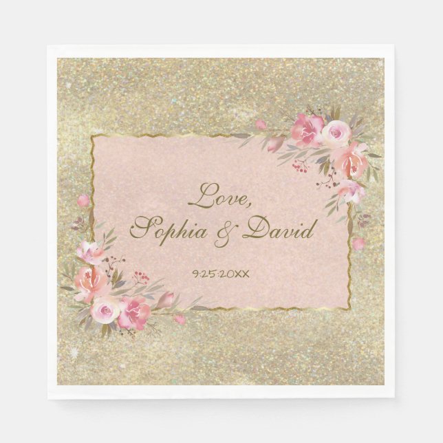 Sparkling Gold Glitter Blush Floral Wedding Napkin (Front)